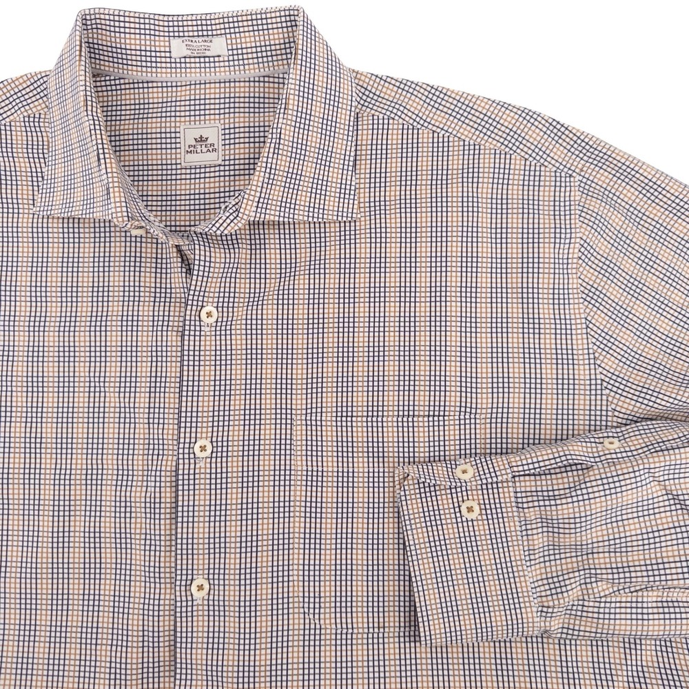 Peter Millar Mens XL Button Up Shirt Navy Tan Check Long Sleeve Crown Crafted